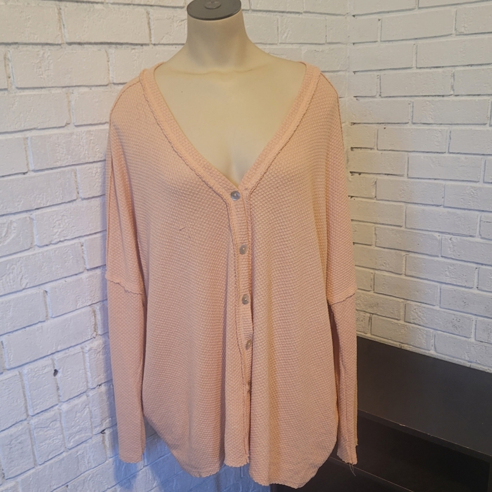 Cozy Peach Button-Front Waffle Knit Thermal Top by La Miel